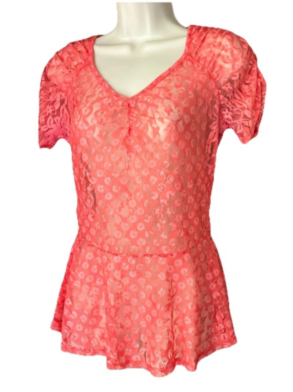 Retro Eyeshadow Y2K Coral Lace Sm. Peplum Stretch Floral Puff Sleeves Blouse Top